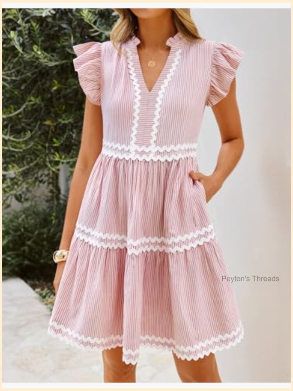 V Neck Flutter Sleeve Striped Ruffle A Line Mini Dress Beach Vacation - Picture 4 of 7